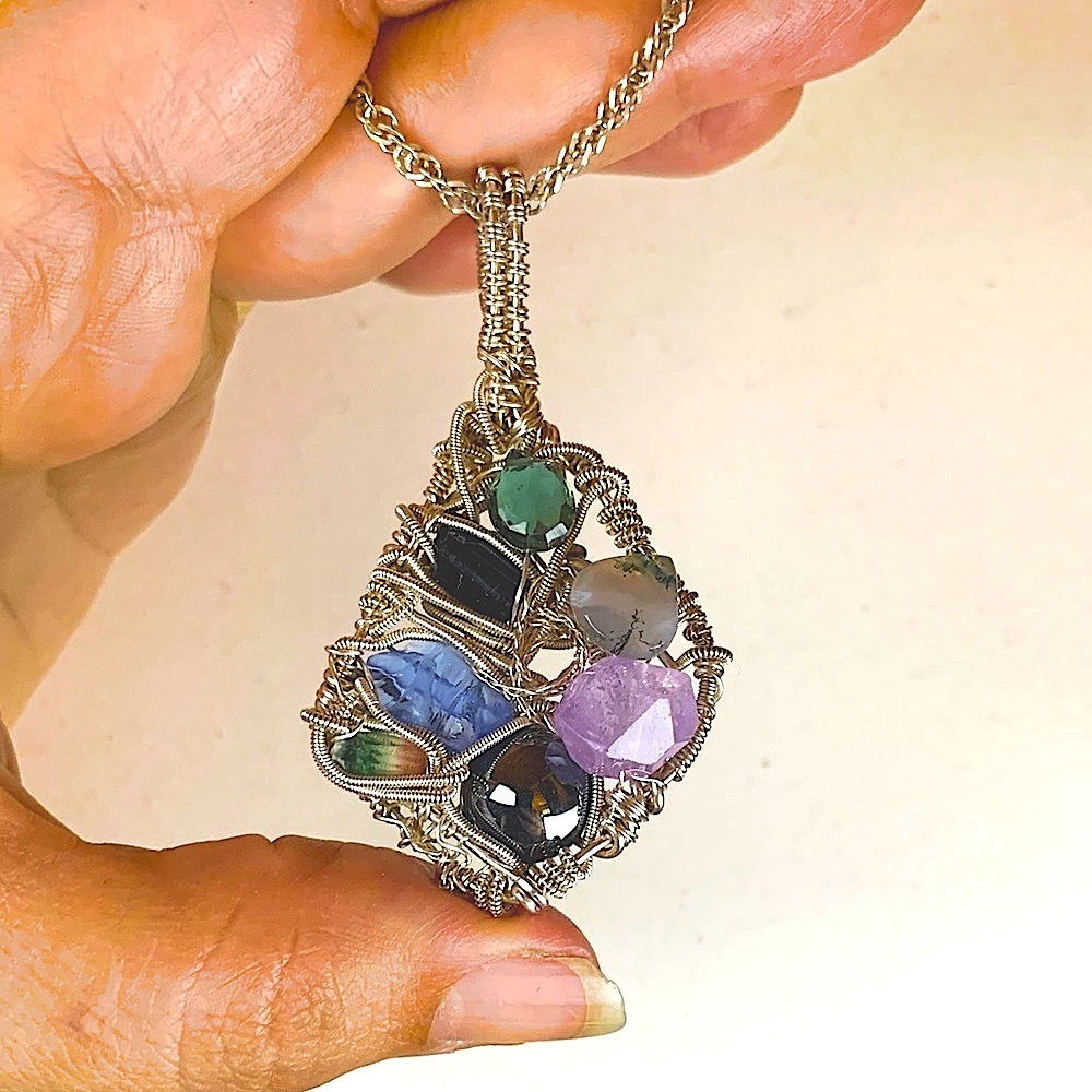 Gemstone Silver Wire Wrapped Pendant Multicolor Wearable Art Boho Handmade